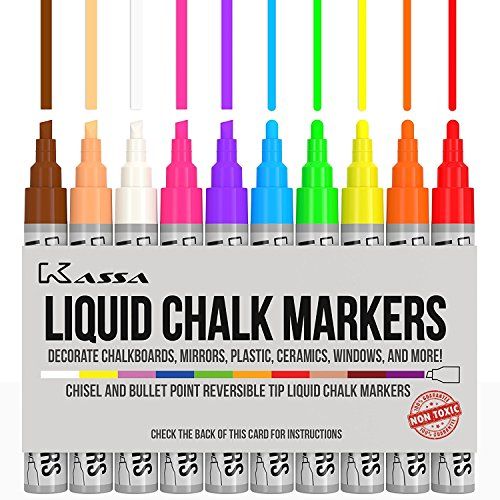 Kassa Liquid Chalk Markers for Blackboards (10 Neon Colors) - Chalkboard Marker Erases on Glass, Window, Black Board, Mirror - Chalk Pens Include Reversible Chisel & Bullet Tip - Non-Toxic Ink