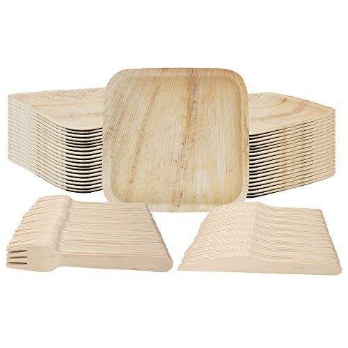 WORKING URL Biodegradable Plates Forks and Knives, Eco Friendly Disposable Palm Leaf Dinnerware, 50 Plates, 50 Wood Forks, 50 Knives