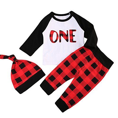 Babys 1st Birthday Outfits Long Sleeve T-Shirt with Red Plaid Pant and Hat Christmas Costume