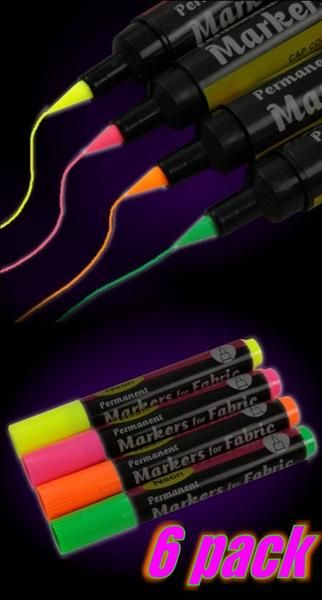 Black Light Reactive Neon Fabric Markers (6 pack)