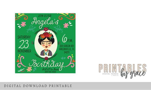 Cute Frida Kahlo Birthday Party Invitation PDF Printable Flowers Green