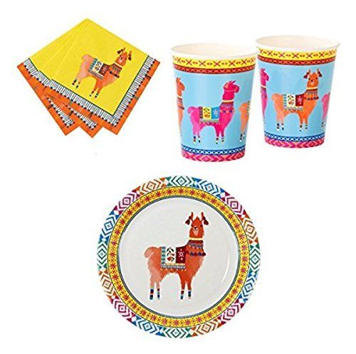 FAKKOS Design Llama Party Supplies for 16 People Including Paper Plates, Cups and Napkins