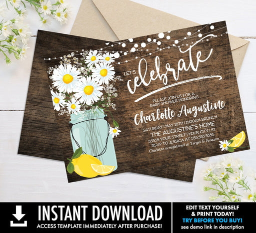 WORKING URL Rustic Daisy, Mason Jar Invite, Lemonade Shower