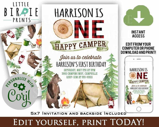 One Happy Camper Camping Birthday Invitation