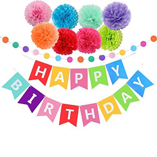 Threemart Happy Birthday Decorations Banner with Tissue Pom Poms