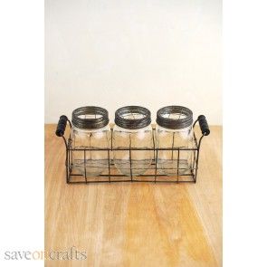 Wire Basket with 3 Glass Mason Jars with Frog Lids